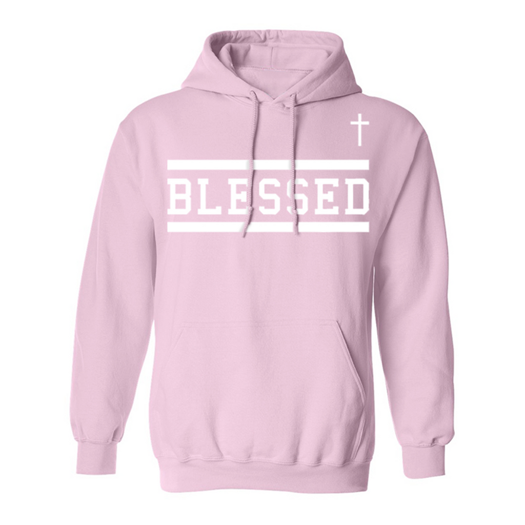 Blessed Hoodie in Light Pink. Bold Blessed Text Design across the chest and a small cross in the upper right corner.  Mid-weight Hoodie. Comfortable christian blessed sweatshirt. God Swagg Apparel is a Christian Clothing Store.