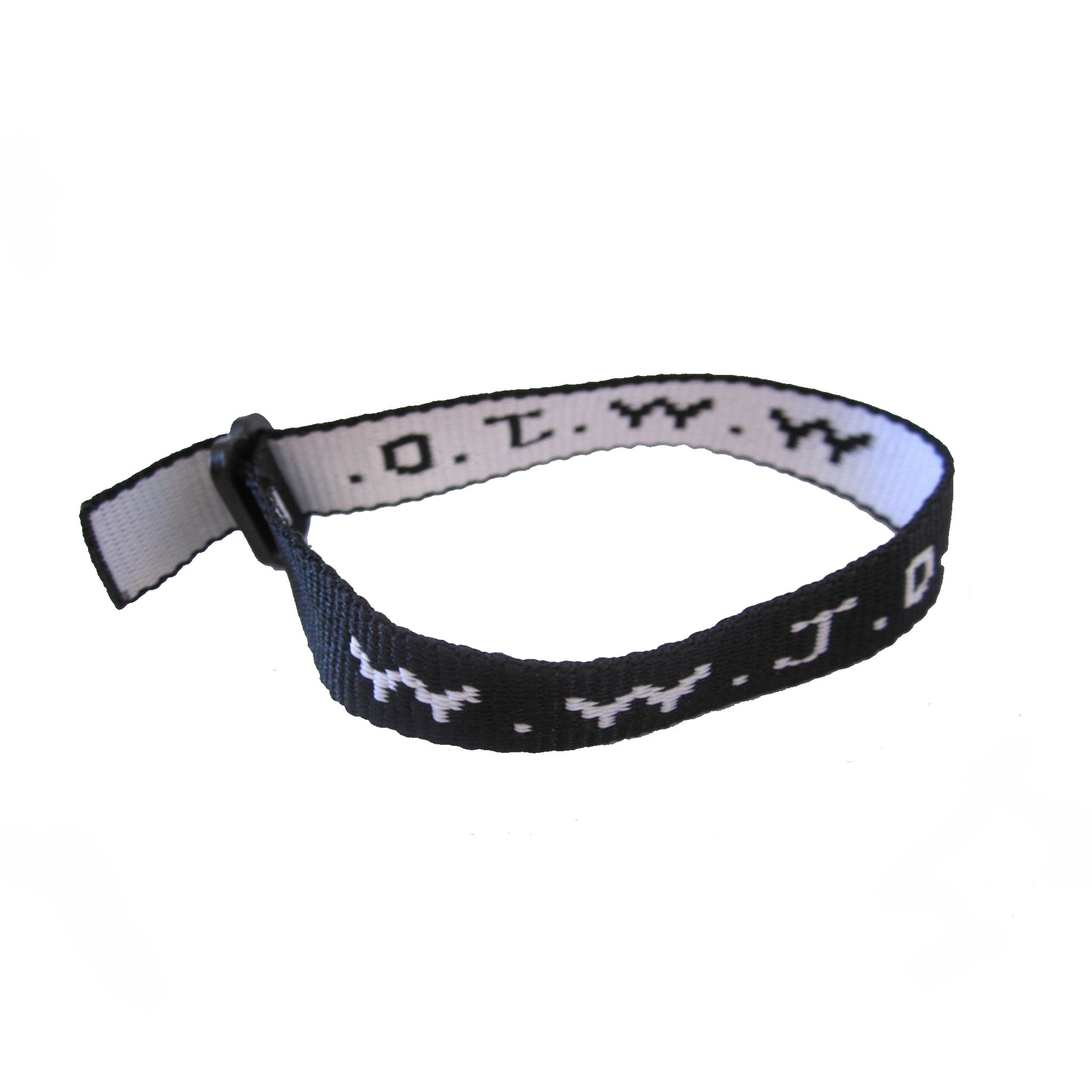 WWJD bracelet a church saying which means what would Jesus do. Black band with white text.