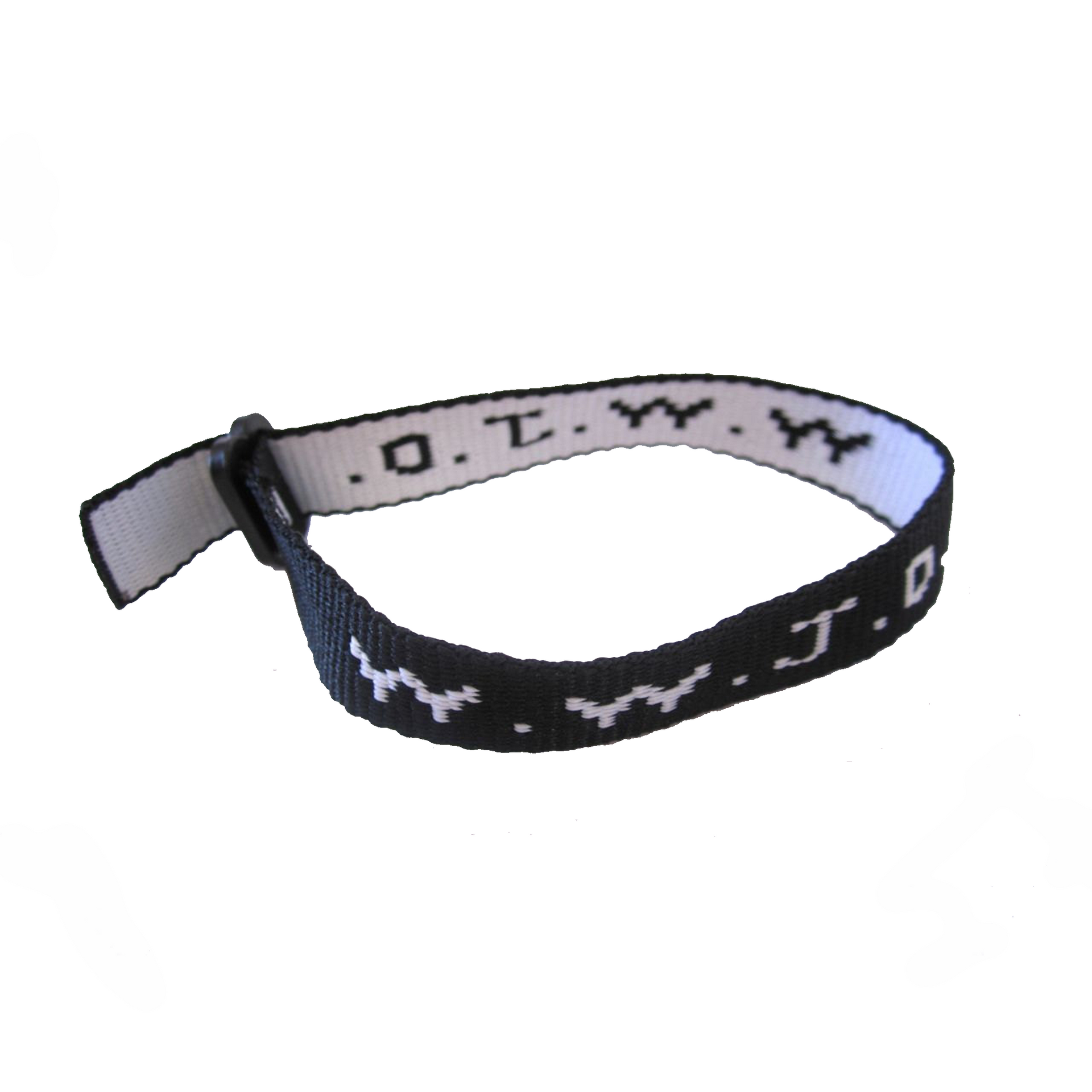 WWJD bracelet a church saying which means what would Jesus do. Black band with white text.